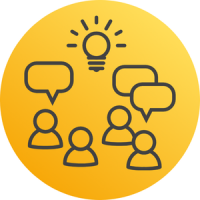 Leadership-Lab-Icon-300x300 Vier Sketchnote-artige Umrisse von Personen (Kopf und obere Hälfte des Oberkörpers) in dunkelgrau, drei von ihnen haben Sprechblasen über sich. Oben mittig ist eine leuchtende Glühbirne abgebildet. Alles ist in dunklem grau dargestellt in einem Kreis mit einem orange-gelben Farbverlauf als Hintergrund.