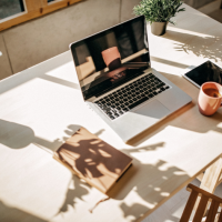 Gespräch Ein aufgeräumter Schreibtisch aus hellem Holz. Darauf steht ein Laptop, rechts daneben eine Pflanze in einem schwarzen Topf, eine Tasse Kaffee und ein ausgeschaltetes Tablet. Links direkt neben dem Laptop liegt ein Notizbuch, weiter weg am hinteren Rand des Tisches steht eine weitere Pflanze in einem schwarzen Topf und mit dunkelgrünen, großen Blättern im Sonnenlicht und wirft einen Schatten auf den Tisch. Am rechten unteren Rand des Bildes ist ein Teil eines Holz-Stuhls sichtbar. Im Hintergrund eine Stein-Wand und darüber Holz-Fensterrahmen.