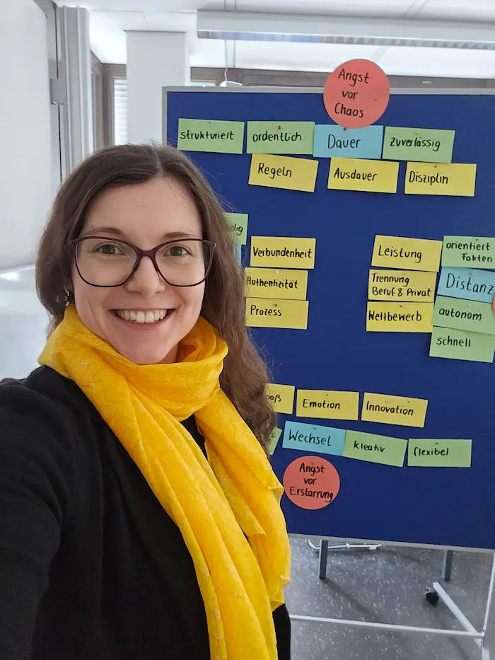 Eva Brucksch, Expertin für Teamentwicklung, steht lächelnd vor einer blauen Pinnwand mit bunten Moderationskarten aus einem Leadership-Workshop.