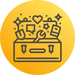 icon-werkzeugkoffer-leadership-methoden Icon: Ein geöffneter Werkzeugkoffer voller Symbole, der für die erlernten Leadership-Skills und Methoden steht.